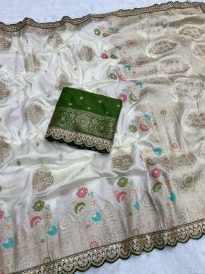 Off White Color Heavy Zari Weaving Dola SIlk Blnd Saree 1