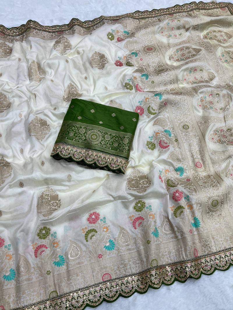 Off White Color Heavy Zari Weaving Dola SIlk Blnd Saree