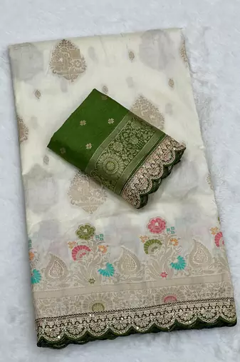 Off White Color Heavy Zari Weaving Dola SIlk Blnd Saree