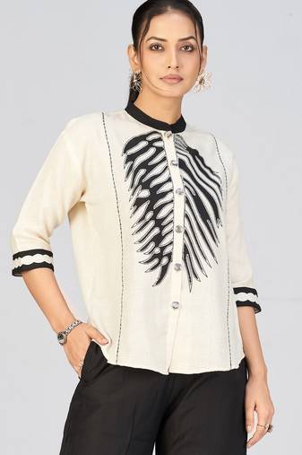 Women’s embroidered linen shirt in cream & black | casual office wear shirt