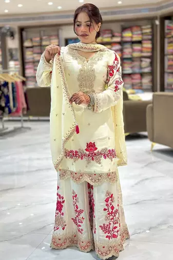 Off-white embroidered tissue silk kurta palazzo set