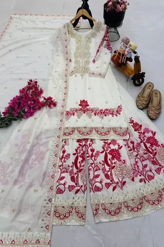 Off-white embroidered tissue silk kurta palazzo set