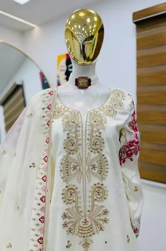 Off-white embroidered tissue silk kurta palazzo set