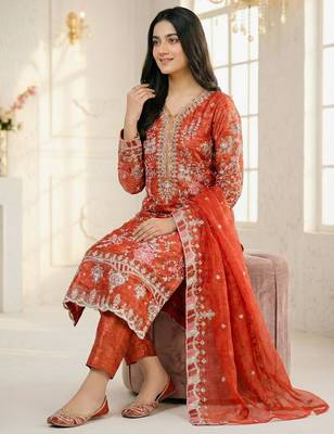 Rust orange embroidered ethnic suit 2