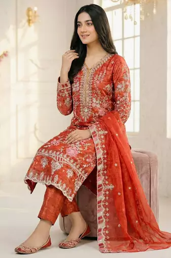 Rust orange embroidered ethnic suit