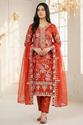 Rust orange embroidered ethnic suit
