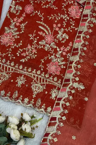 Rust orange embroidered ethnic suit