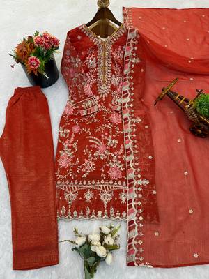 Rust orange embroidered ethnic suit 5