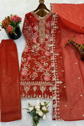 Rust orange embroidered ethnic suit