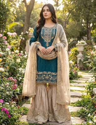 teal and beige silk blend embroidered sharara suit 2