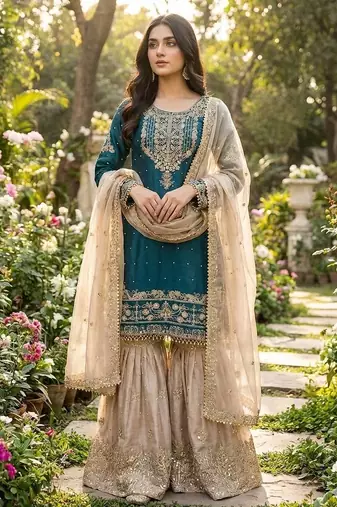 teal and beige silk blend embroidered sharara suit