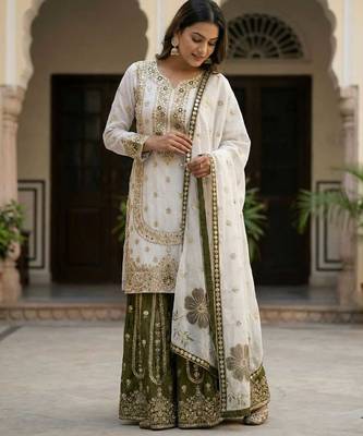 white and olive green silk blend palazzo set 1