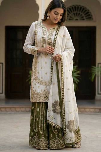 white and olive green silk blend palazzo set