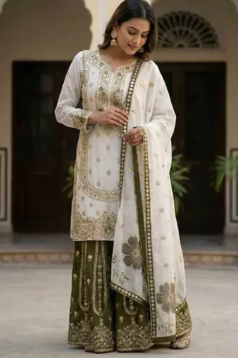 white and olive green silk blend palazzo set