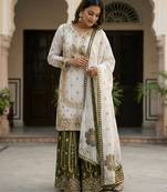 white and olive green silk blend palazzo set
