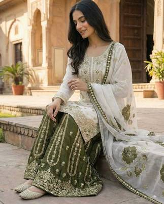 white and olive green silk blend palazzo set 4