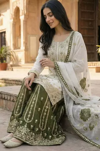 white and olive green silk blend palazzo set