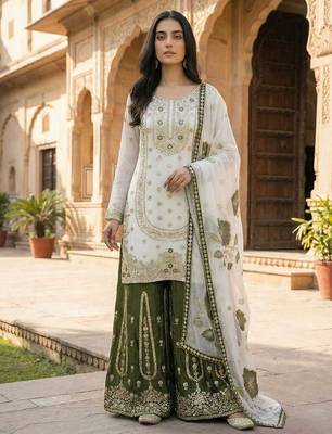 white and olive green silk blend palazzo set 5