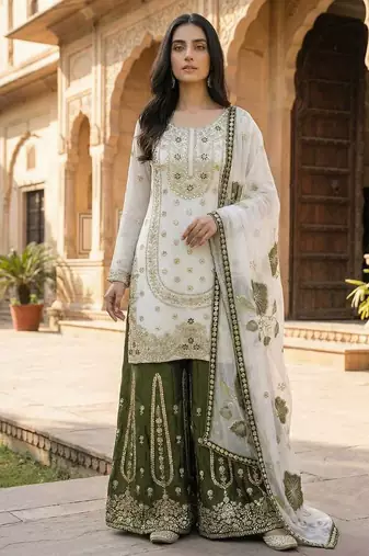 white and olive green silk blend palazzo set