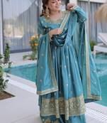 teal fendi crush zari sequin plus size sharara set