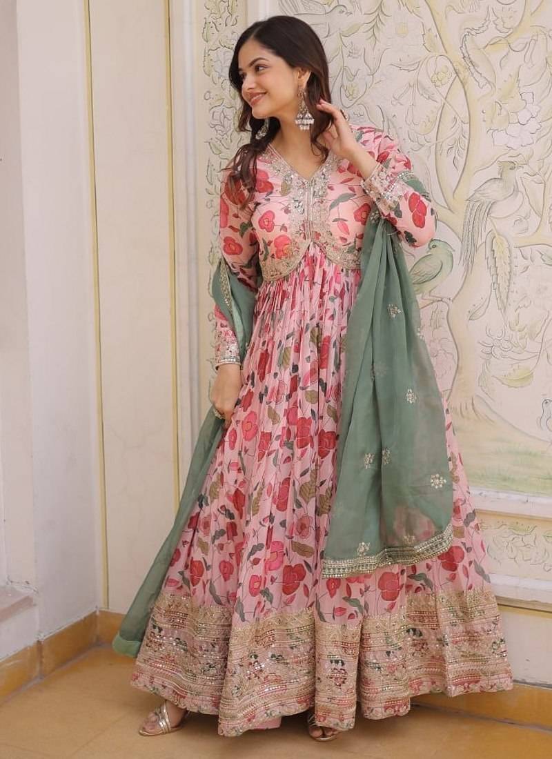 Digital printed russian silk with embroidery zari sequins-work