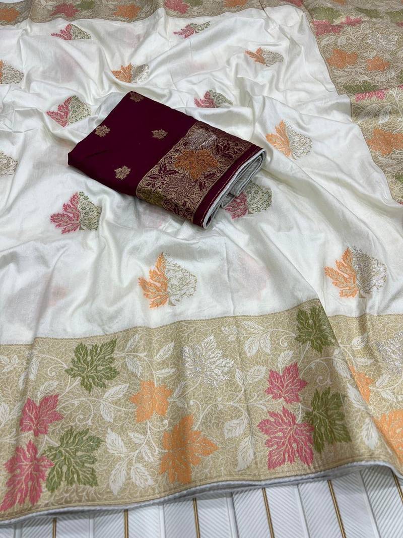 White Color Meenakari Zari Weaving Dola SIlk Blnd Saree