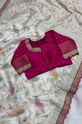 White Color Wedding Special Dola SIlk Blnd Zari Weaving Saree