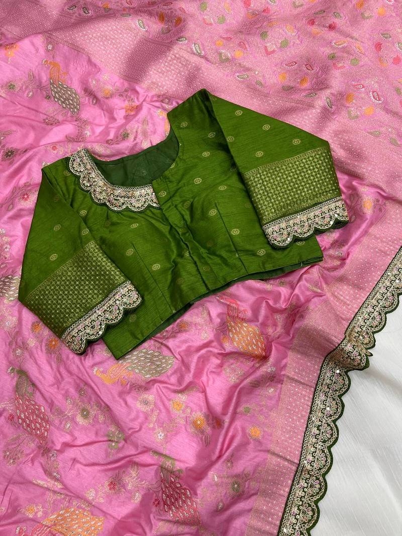 Pink Color Wedding Special Dola SIlk Blnd Zari Weaving Saree