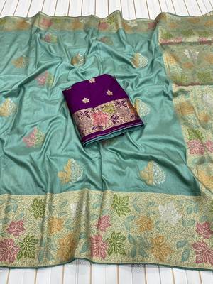 Sea Green Color Meenakari Zari Weaving Dola SIlk Blnd Saree 1