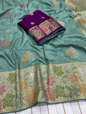 Sea Green Color Meenakari Zari Weaving Dola SIlk Blnd Saree 2