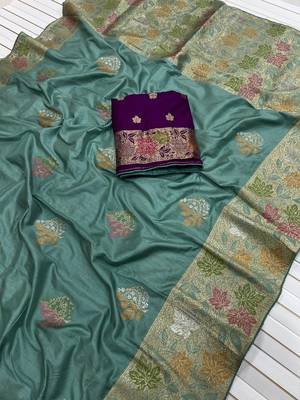 Sea Green Color Meenakari Zari Weaving Dola SIlk Blnd Saree 3