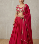 Red Roman silk, Embroidery Round Neck Lehenga Blouse Set