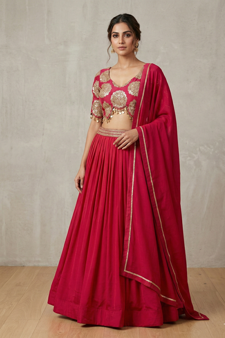 Red Roman silk, Embroidery Round Neck Lehenga Blouse Set