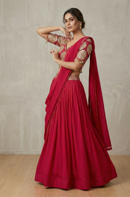 Red Roman silk, Embroidery Round Neck Lehenga Blouse Set 2