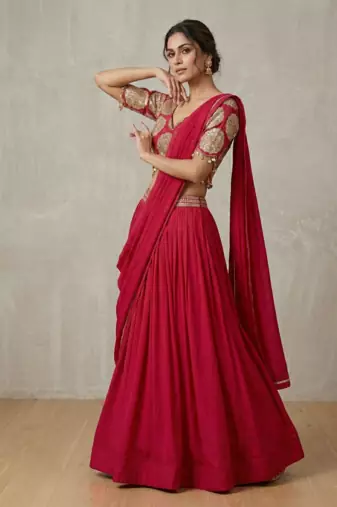 Red Roman silk, Embroidery Round Neck Lehenga Blouse Set