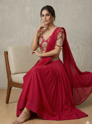 Red Roman silk, Embroidery Round Neck Lehenga Blouse Set 3