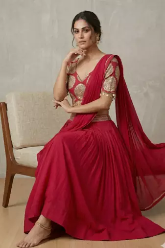 Red Roman silk, Embroidery Round Neck Lehenga Blouse Set