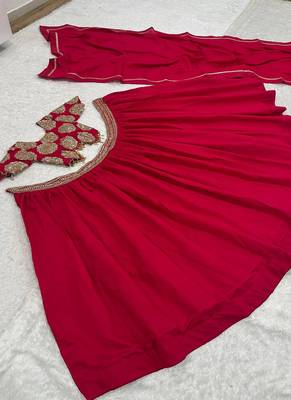 Red Roman silk, Embroidery Round Neck Lehenga Blouse Set 4