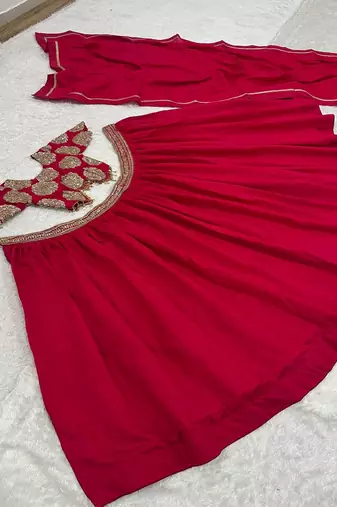 Red Roman silk, Embroidery Round Neck Lehenga Blouse Set