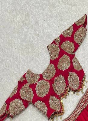 Red Roman silk, Embroidery Round Neck Lehenga Blouse Set 5