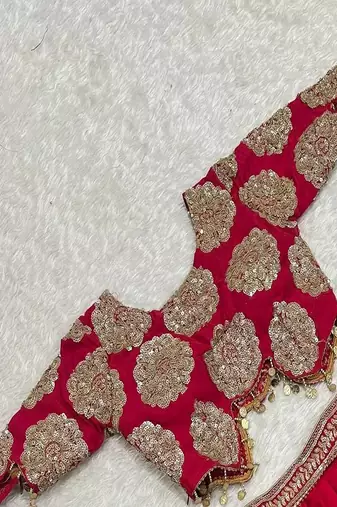Red Roman silk, Embroidery Round Neck Lehenga Blouse Set