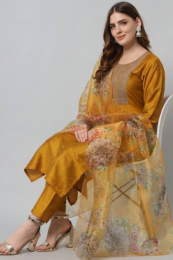 Mustard embroidered silk blend kurta sets details