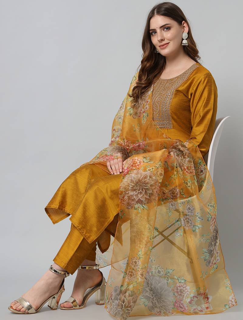 Mustard embroidered silk blend kurta sets details