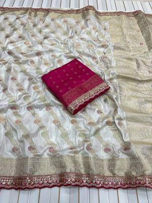 White Color Designer Dola SIlk Blnd Zari Weaving Saree 1