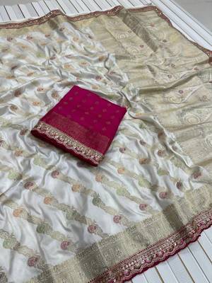 White Color Designer Dola SIlk Blnd Zari Weaving Saree 2