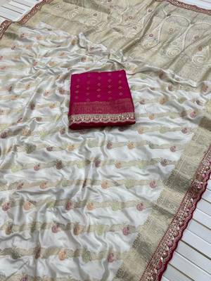 White Color Designer Dola SIlk Blnd Zari Weaving Saree 3