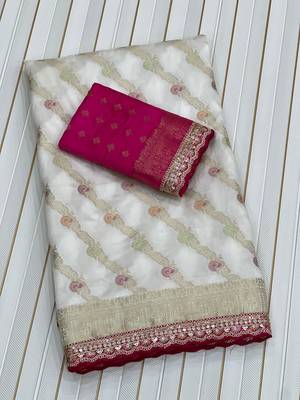 White Color Designer Dola SIlk Blnd Zari Weaving Saree 4