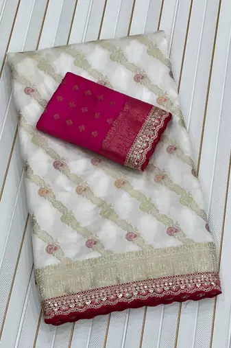 White Color Designer Dola SIlk Blnd Zari Weaving Saree