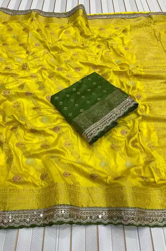 Yellow Color Designer Dola SIlk Blnd Zari Weaving Saree