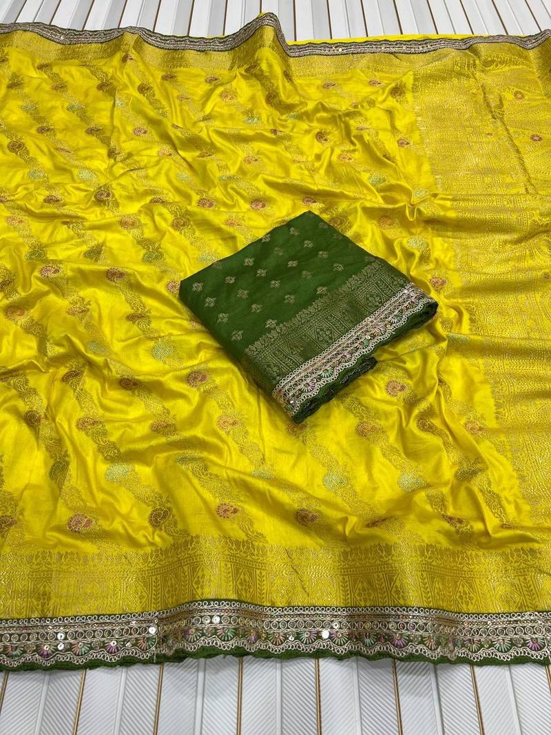 Yellow Color Designer Dola SIlk Blnd Zari Weaving Saree